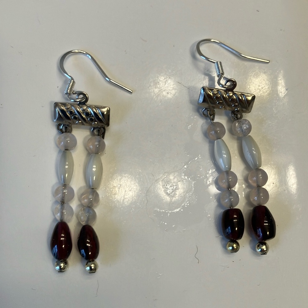 Garnet, rose quartz and mother of pearl with silver accents two strand earrings.